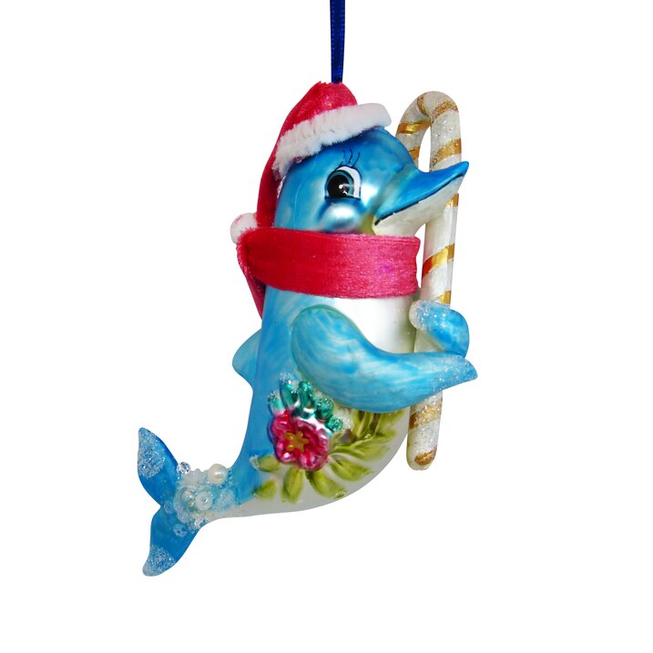 Hänger Delfin mit Weihnachtsmütze und Zuckerstange, blau