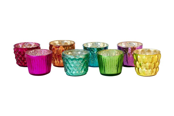 Jacquard, tealight holder, 8pcs. assorted, neon/silver, sprayed