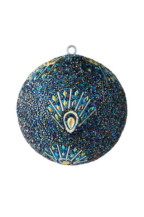 Opium, Weihnachtskugel, 10cm, Pfaumuster, Perlen, Steine, blau/lila