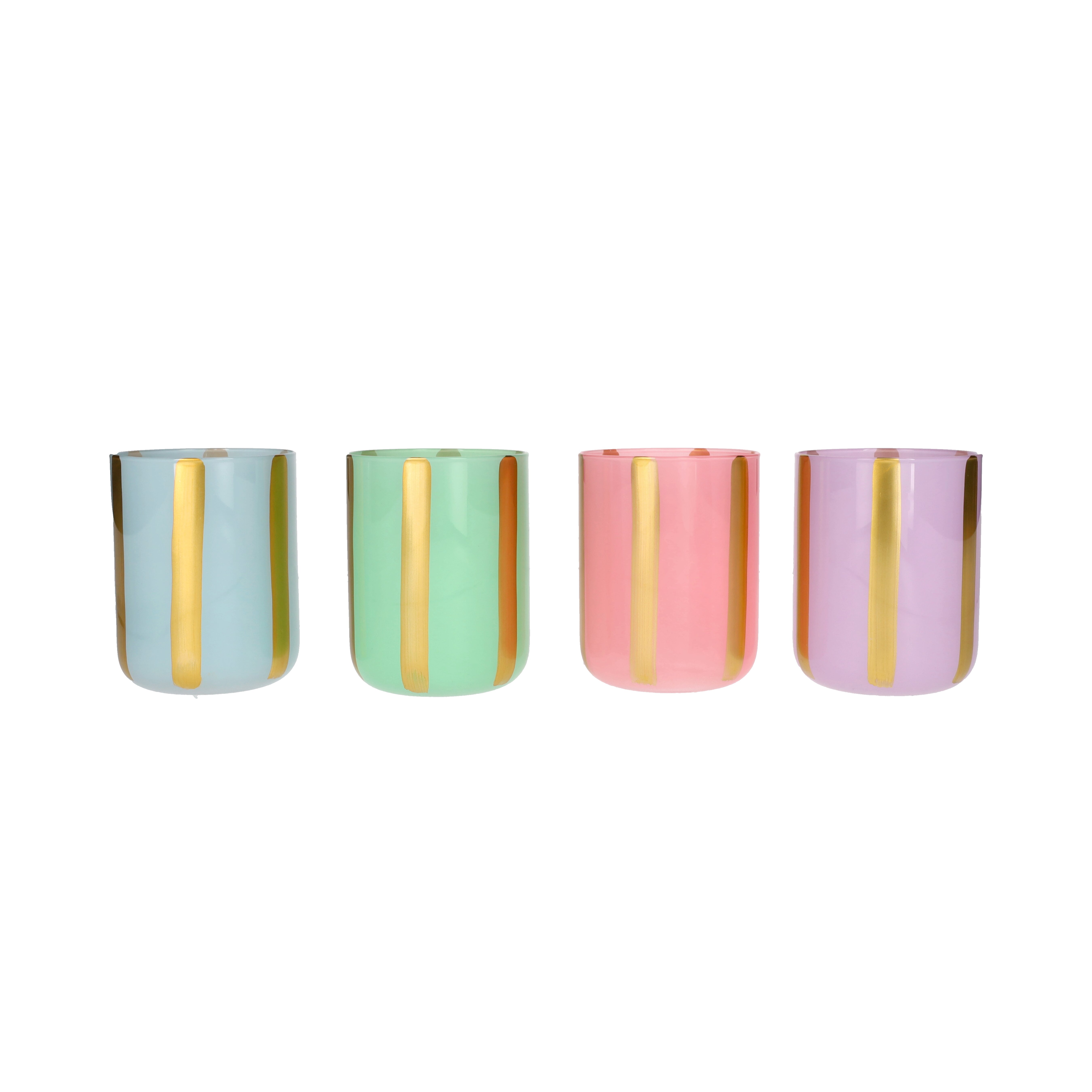 Linea, Teelichthalter, 4fach sortiert, Gold gestreift, blau/grün/rosa/lila, gs