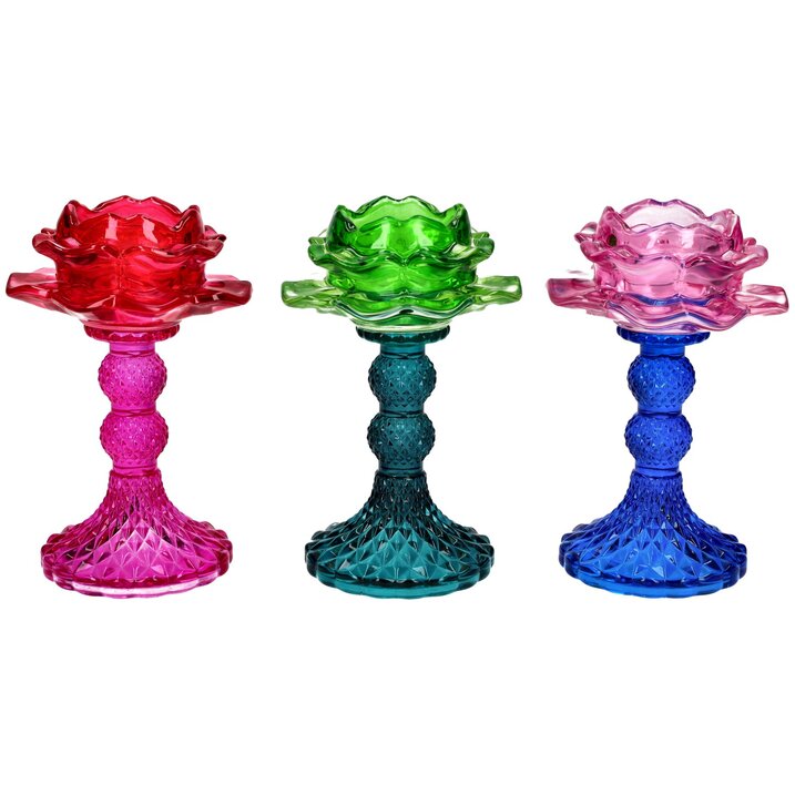 Jacquard, Teelichthalter 3fach sortiert, Blume, grün/pink/blau, gs
