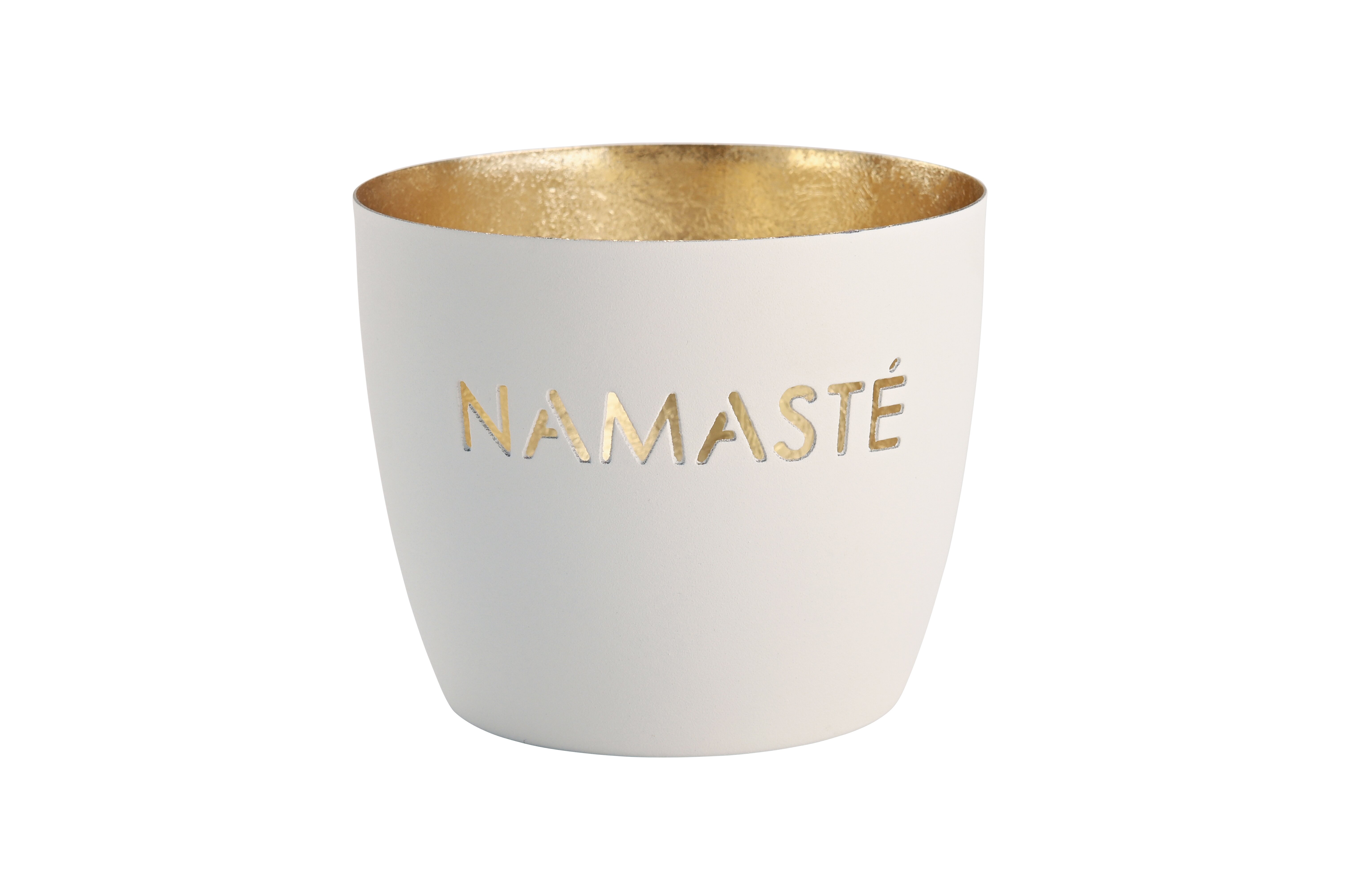 Madras, Windlicht, M, Motiv: Namaste, weiß/gold