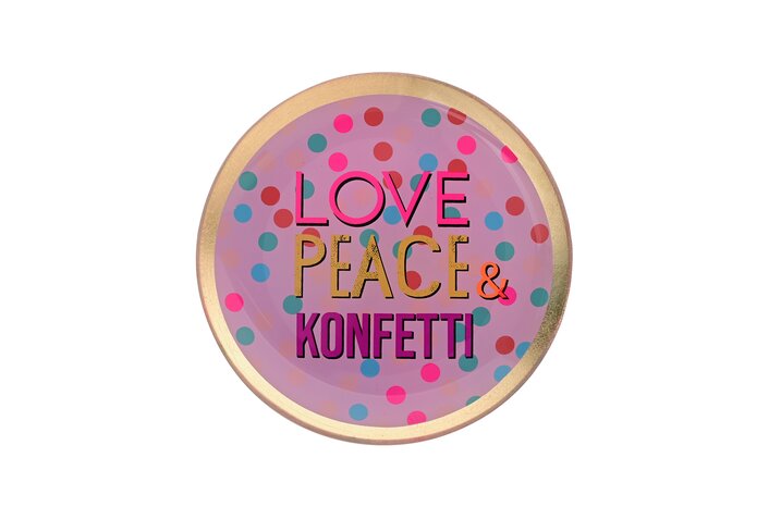 Love Plates, Glasteller M, Motiv: Love, Peace & Konfetti, rund, rosa