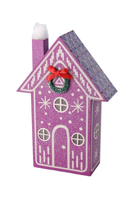 Candy, house w. LED and wreath, purple