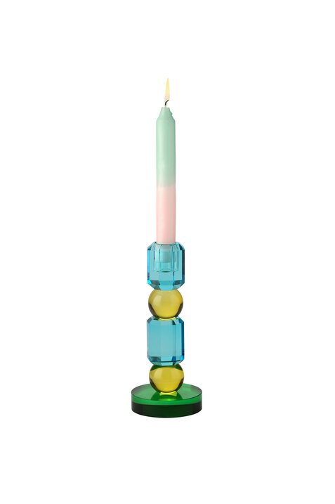 Sari, Kristallglas, Kerzenhalter H18,5cm, 2 Kugeln, blau/gelb/grün, gs