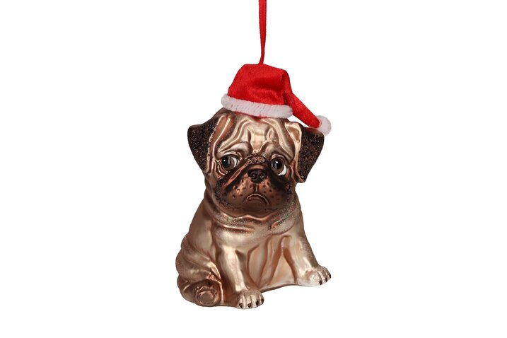 Hänger Mops mit Weihnachtsmütze, hellbraun