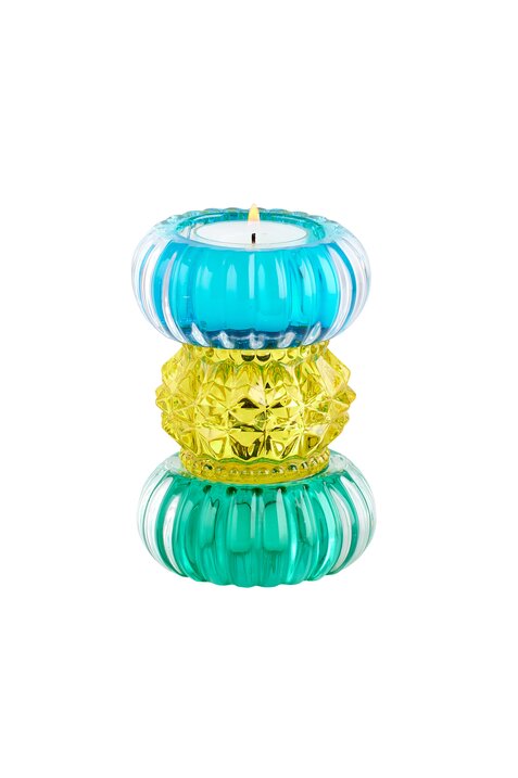 Sari, tea light holder h11,5cm, round, blue/yellow/green, sprayed