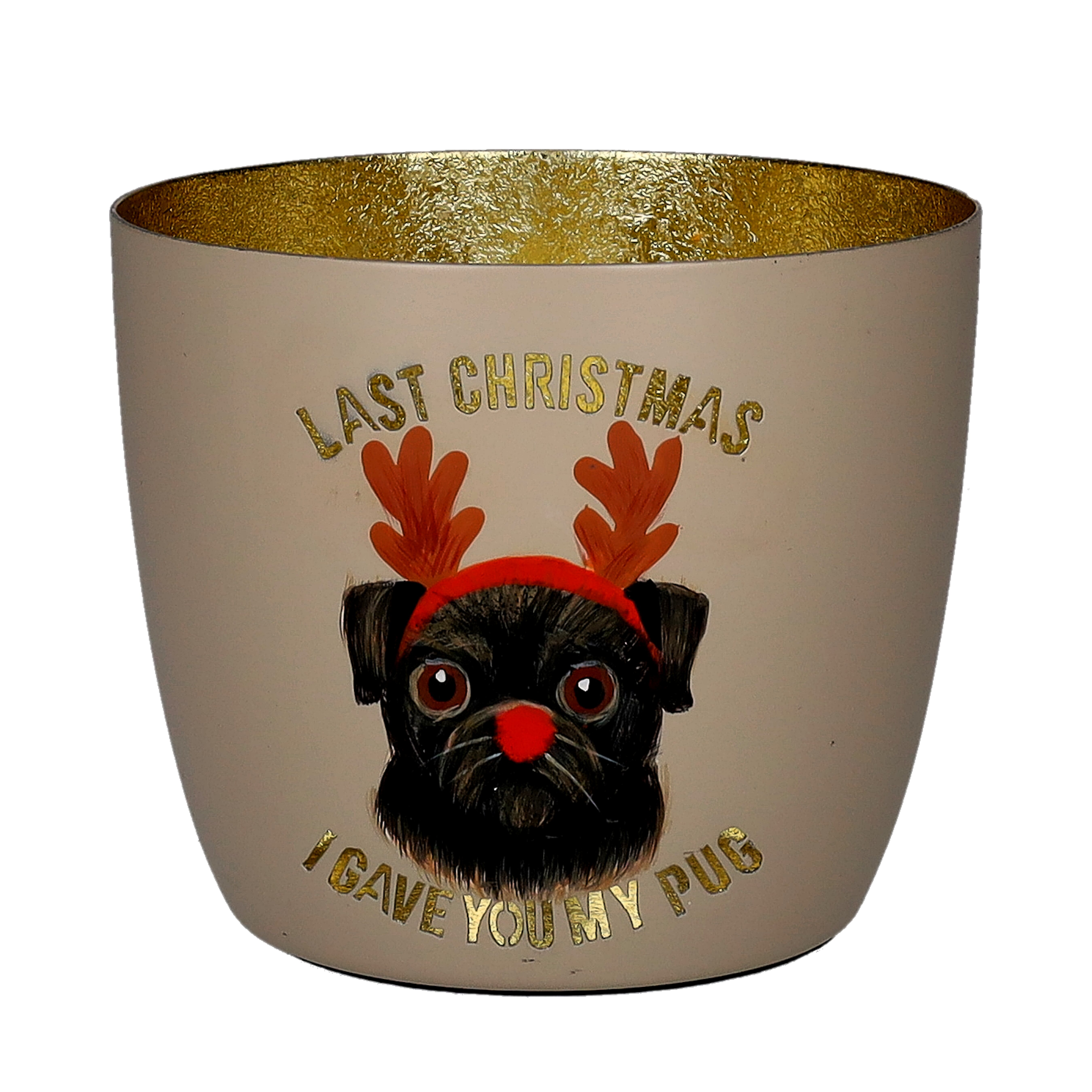 Madras, Windlicht, M, Motiv: Last christmas I gave you my pug, sandstone/gold