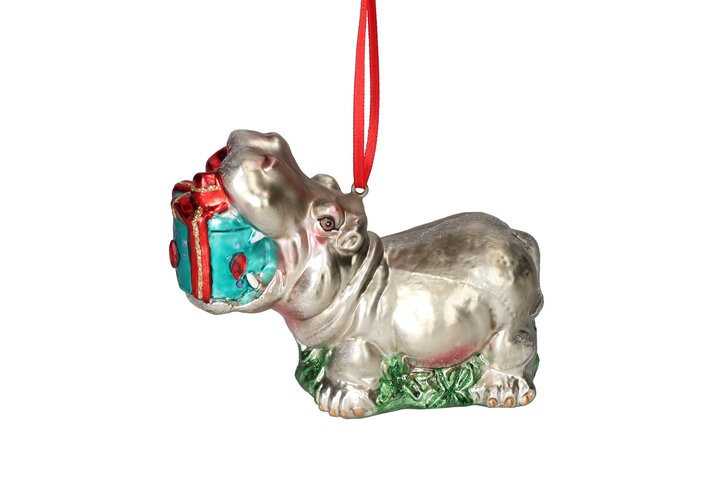Hänger Nilpferd mit Geschenk, grau