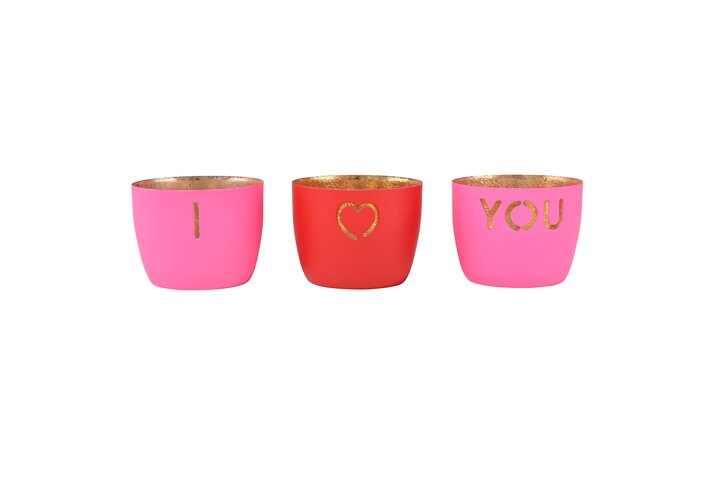 Madras, Windlicht, 3er Set, XS, Motiv: l love you, hot pink/rot