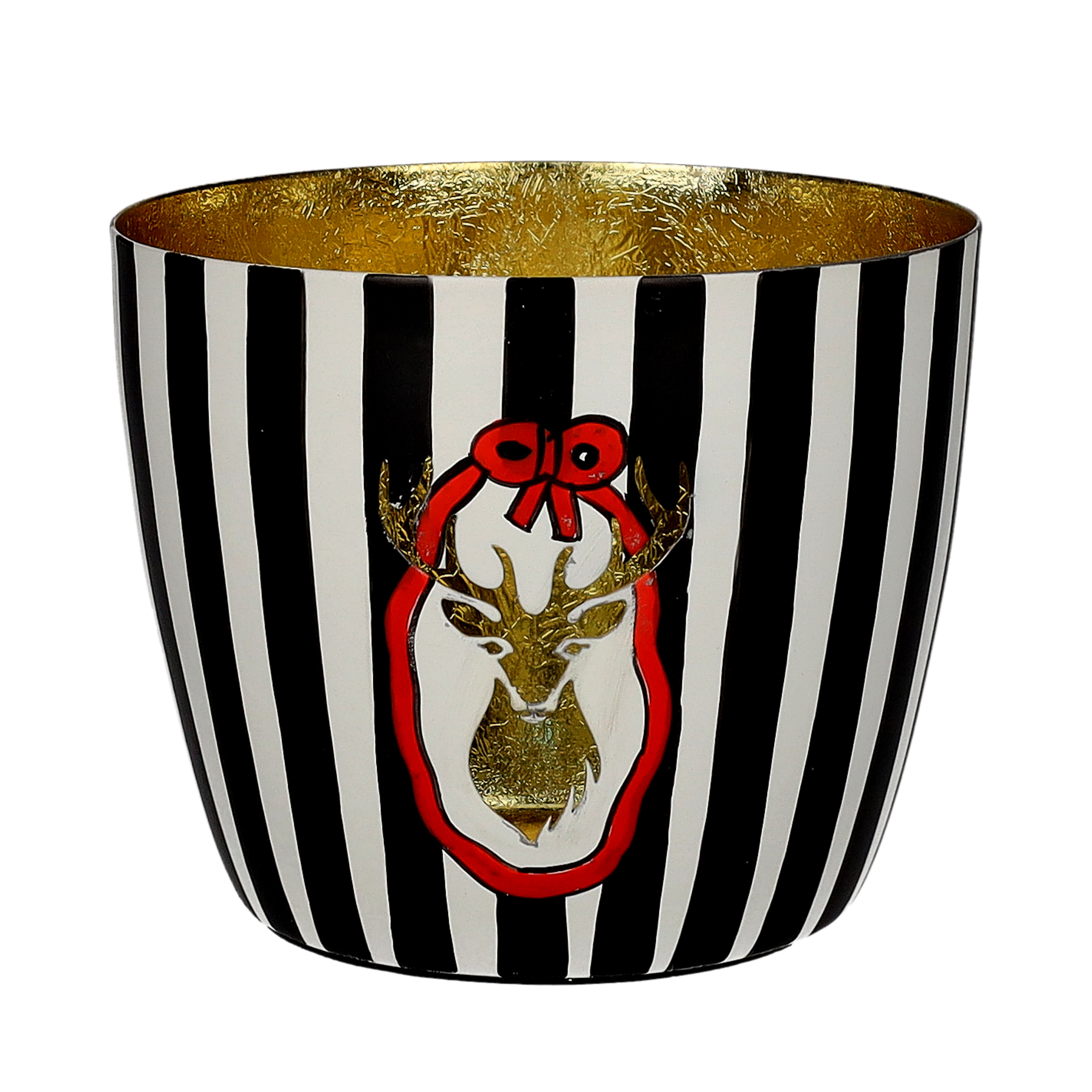 Madras, Windlicht, M, Motiv: Hirsch, schwarz/weiß/gold, gestreift
