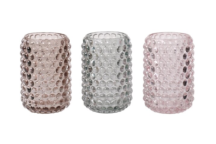 Jacquard, Windlicht 3fach sortiert, H12,5cm, rosa/grün/braun, gs