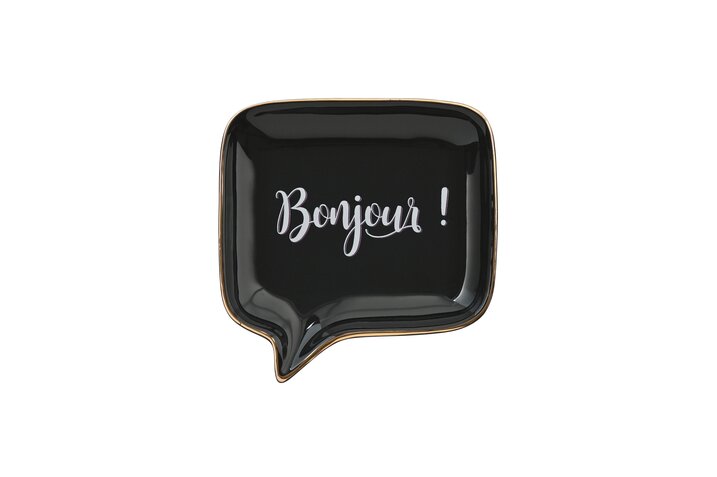 Love Plates, deco plate, porcelain, speech bubble, Bonjour!, black