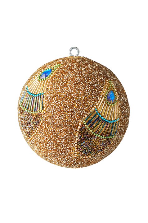 Opium, Weihnachtskugel, 10cm, Pfaumuster, Perlen, blaue Steine, gold