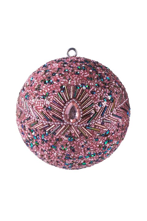 Opium, Weihnachtskugel, 10cm, Pfaumuster, Perlen, rosa/grün