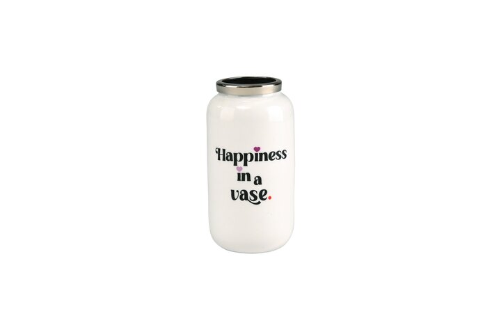 Saigon, Vase mit Metallring, XXS(H12cm), Motiv: Happiness in a vase, weiß/silber