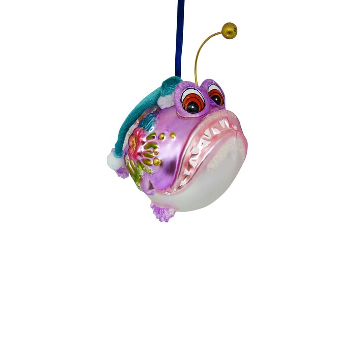 Hänger Piranha mit blauer Weihnachtsmütze, lila